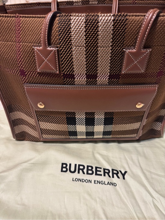 Burberry Handbags - Burberry Brown Checked Canvas Knit Tote with Leather Trim